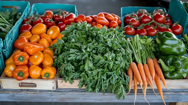 Fresh organic vegetables in wooden crates at farmers market including vibrant orange bell peppers, cherry tomatoes, carrots with tops, and leafy greens.