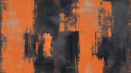 An abstract painting with orange and dark tones, displaying layered brushstrokes.