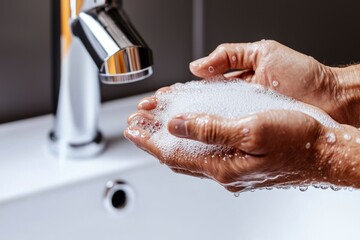 Fototapeta premium Close-Up of Hands with Soap Bubbles at Bathroom Sink
