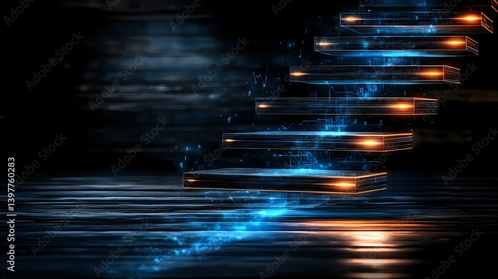 Poster glowing blue and orange light streaks create dynamic motion effect against dark background, abstract