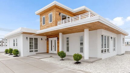 Modern Two Story House with White Walls and Light Brown Wood Siding