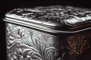 Metal tin with embossed logo and warm tones
