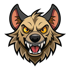 Ferocious Hyena Mascot, Cartoon Animal Head with Sharp Teeth and Golden Eyes on White