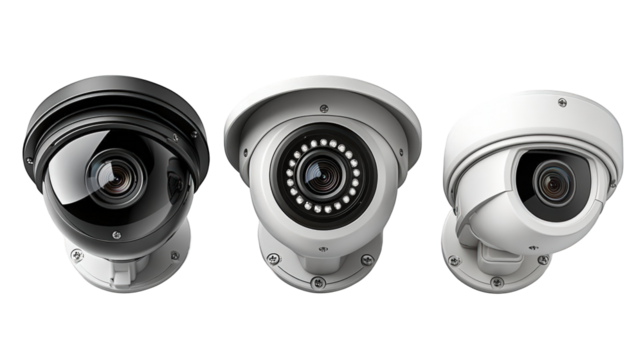 Three distinct surveillance cameras showcasing various designs and features against a plain background