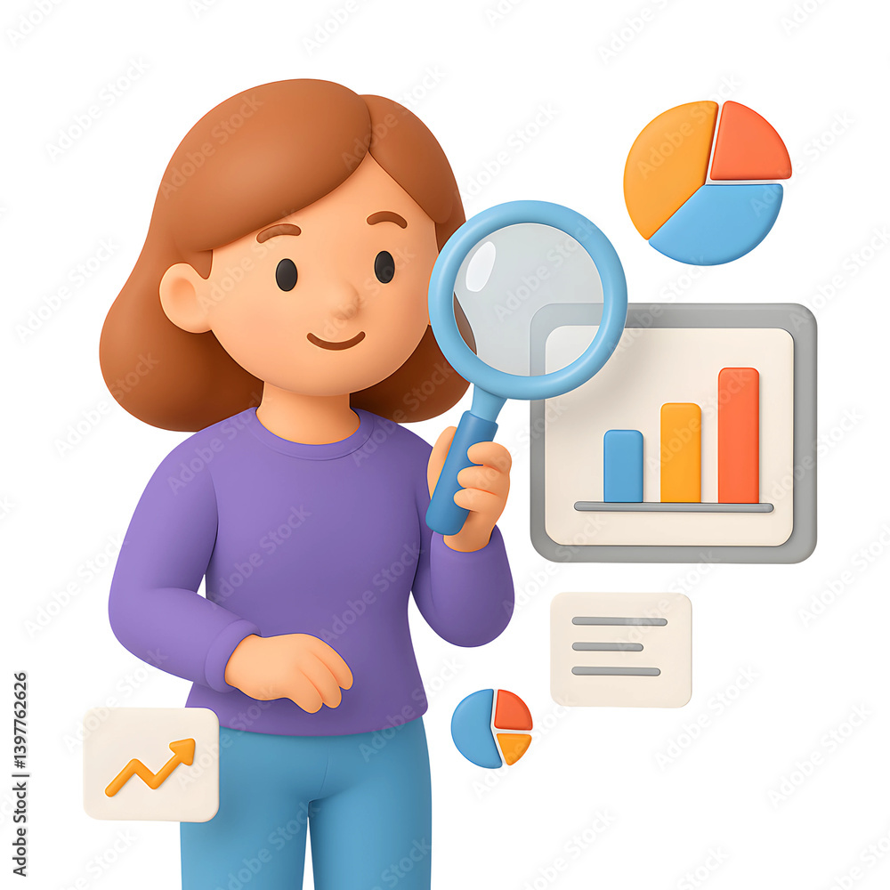 Poster professional exploring data analysis with 3d model icons showing graphs and charts while holding a m