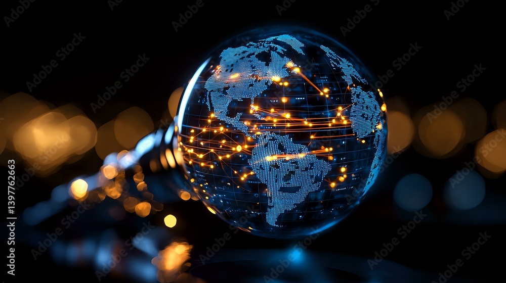 Poster glowing light bulb with world map pattern illuminated by warm lights against dark background with bo