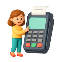 A cheerful character interacts with a 3D payment terminal, showcasing the concept of cashless transactions in a modern setting