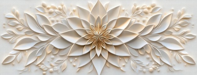 A stunning close-up of a 3D textured painting featuring a white flower with golden accents against a pristine white background