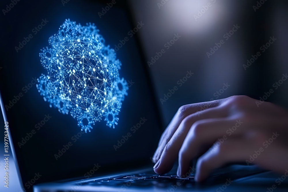 Poster digital visualization of glowing blue virus molecule on laptop screen while person types on keyboard