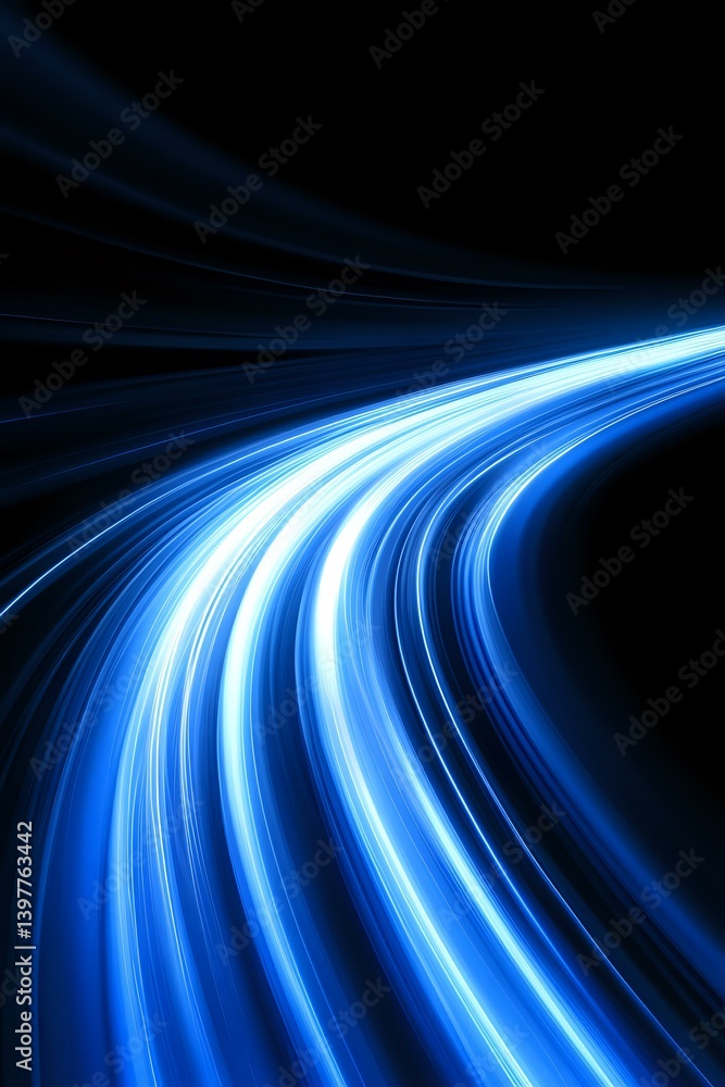 Poster dynamic blue light trails curve against dark background creating sense of speed, motion and energy f