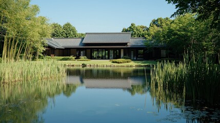Serene Japanese house reflection in pond, tranquil garden