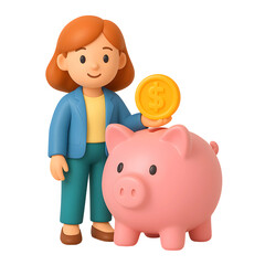 3d icon representing a financial advisor holding a coin next to a piggy bank on a transparent background, suitable for personal finance topics
