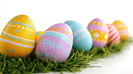 Fototapeta premium A row of colorful decorated Easter eggs sits led in vibrant green sp grass against a bright white background perfect for holiday cards and sptime celebrations.