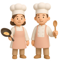 Two 3D icons of chefs in white hats and aprons cooking with a pan and a spoon on a transparent background