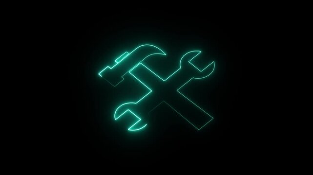 Glowing neon line setting tools icon with spinning gears icon animated.Cyan color tools on Black background .