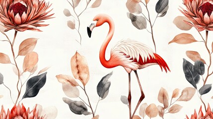 Watercolor flamingo illustration amid floral and foliage, elegant design
