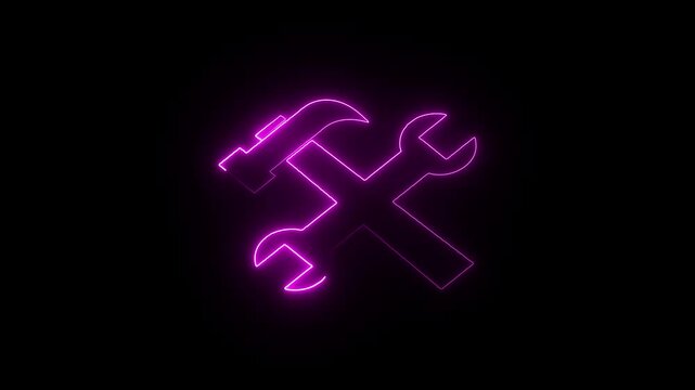Glowing neon line setting tools icon with spinning gears icon animated.purple color tools on Black background .
