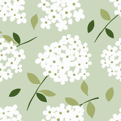 White hydrangea flowers with green leaves Seamless pattern background ideal for wrapping paper, fabric, textile etc.