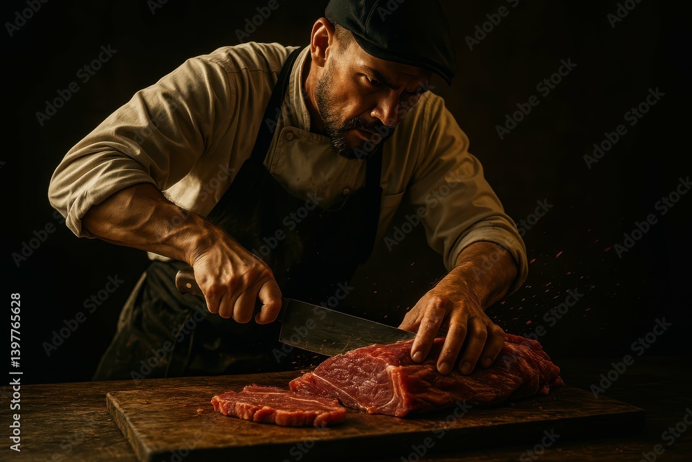 Poster chef slicing fresh meat with precision in rustic kitchen setting
