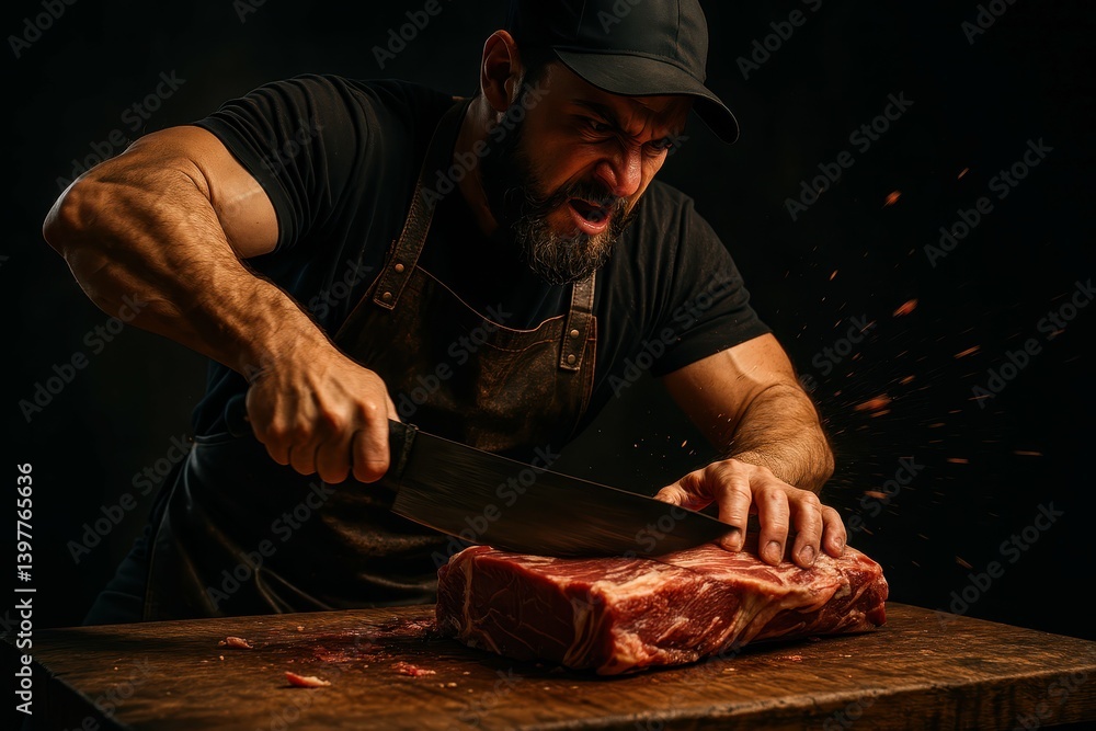 Aufkleber intense meat slicing action with professional chef in dark setting