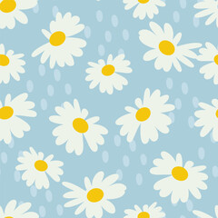 Obraz premium White daisies on blue background Seamless pattern background ideal for wrapping paper, fabric, textile etc.