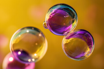 close up soap bubbles reflecting vibrant colors against blurred yellow background playful abstract photography perfect for creative advertising and graphic design projects