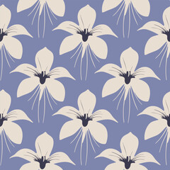 Stylized orchid flowers on blue Seamless pattern background ideal for wrapping paper, fabric, textile etc.