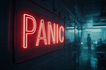 Glowing red neon sign with the word PANIC in a dimly lit corridor, evoking themes of alert and distress.

