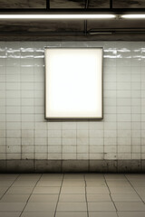 Bright white square on tiled wall. Tile floor and ceiling. A public transport location, underground.