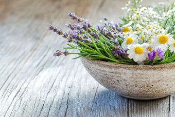 Fresh bouquet featuring lavender and daisies in rustic bowl on w