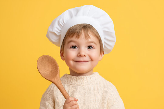 smiling cute toddler child wearing white chef hat holding wooden spoon playful cooking baking advertising or kids culinary activity educational concept