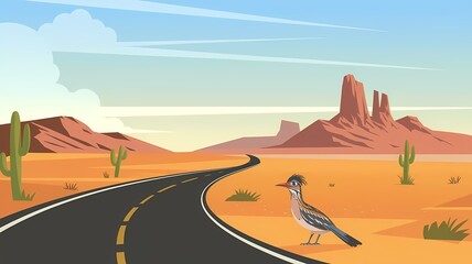 Roadrunner Standing Beside a Desert Highway