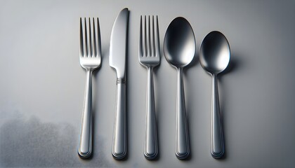 Stainless steel fork, knife, and spoon with brushed texture placed neatly on a simple gray background for product mockup