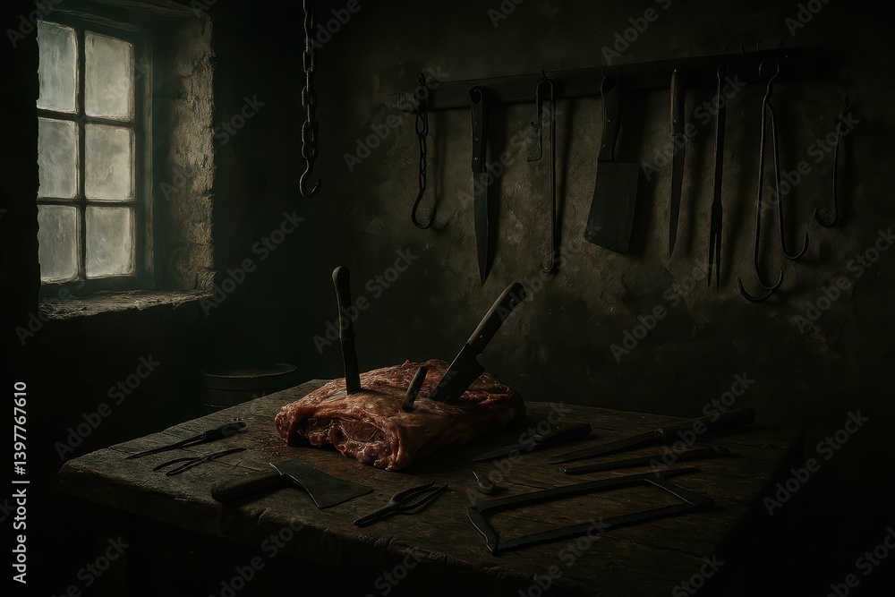 Poster moody butcher's workshop with tools and meat in atmospheric lighting