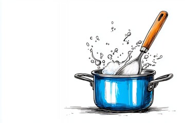 Blue Pot with Water Splash and Wooden Spatula Illustration