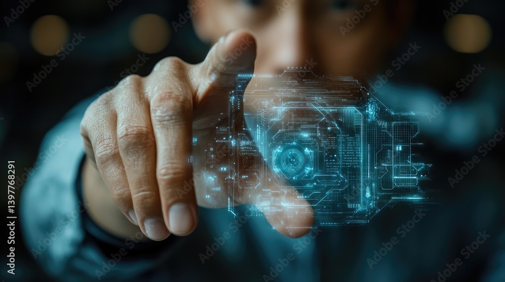 Poster man interacting with futuristic digital interface, hovering above hand