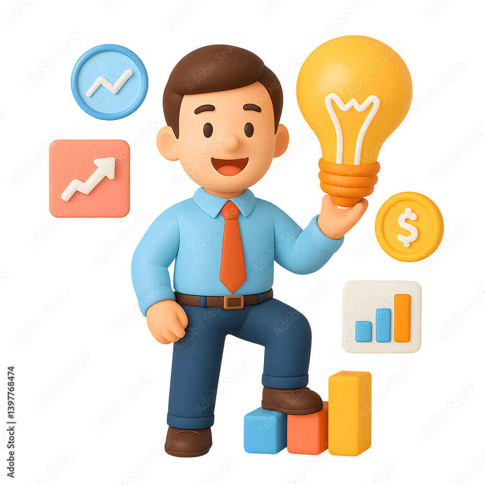 Poster 3d business character holding light bulb with colorful icons representing finance and growth on a tr