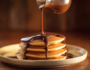 Golden Pancakes with Chocolate Sauce: A stack of fluffy, golden pancakes is drizzled with rich, dark chocolate sauce, a delectable culinary creation.