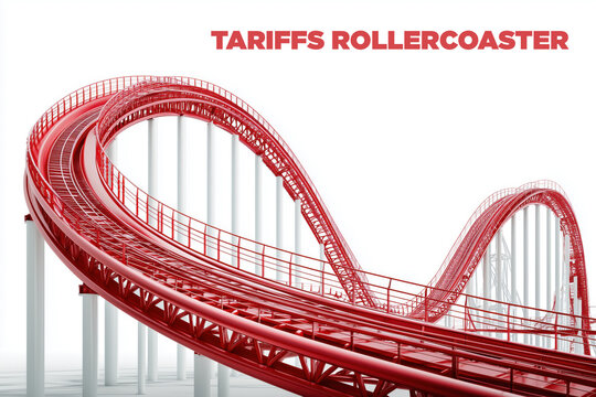 Empty red rollercoaster track twists dramatically with "Tariffs Rollercoaster" text, symbolizing market instability.

