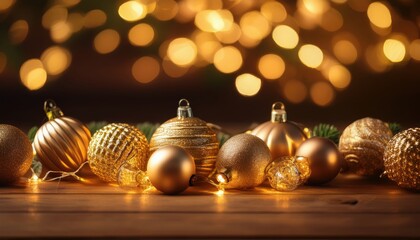 Golden Christmas: Festive golden ornaments adorn a wooden surface, illuminated by a cascade of soft, inviting bokeh lights that cast a warm and cheerful glow in this yuletide scene.