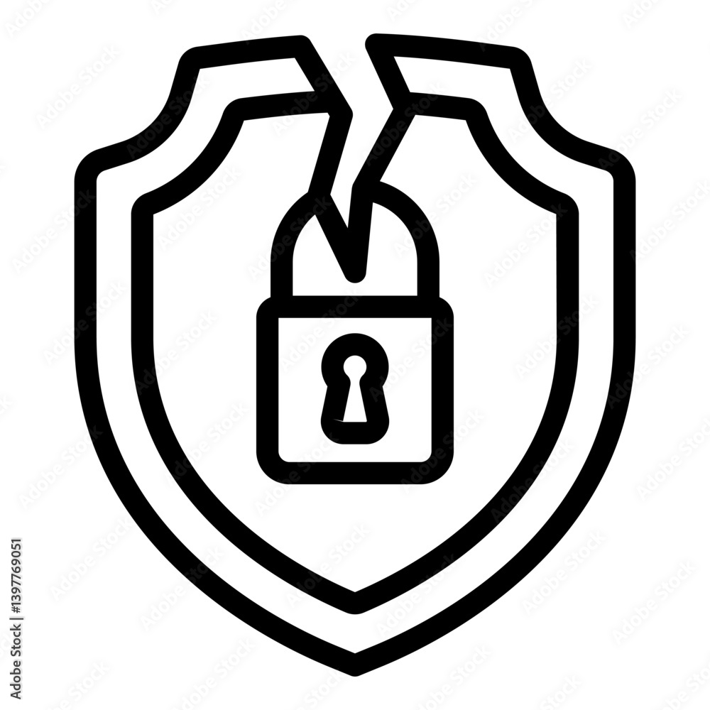 Poster cracked shield with lock line icon, hacker attacks concept. vector graphics. lock on emblem with cra