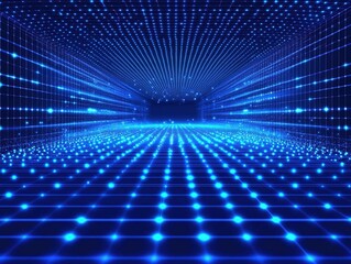 Blue grid background with glowing dots illustrating digital connections and data flow, symbolizing technology innovation. Ideal for web banners or posters