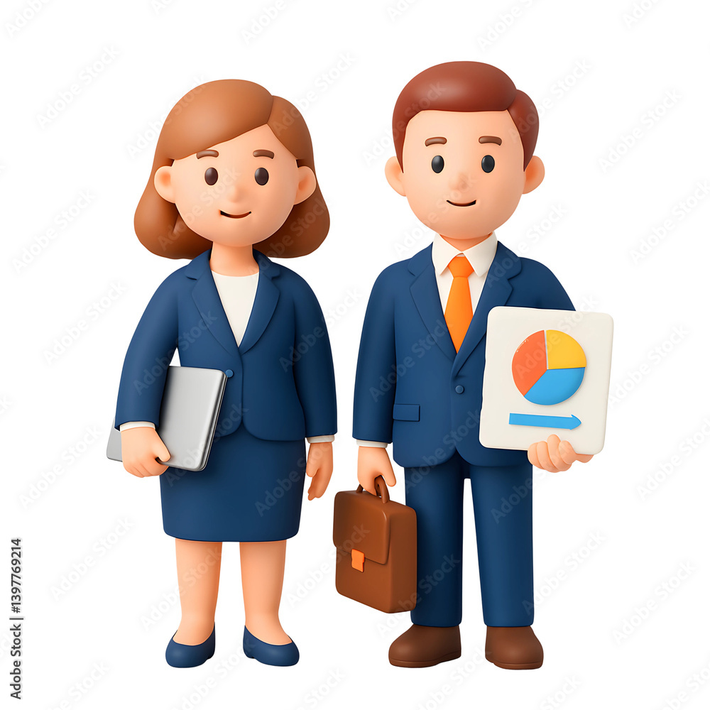 Poster professional couple in formal attire showcasing teamwork with documents and digital presentations in