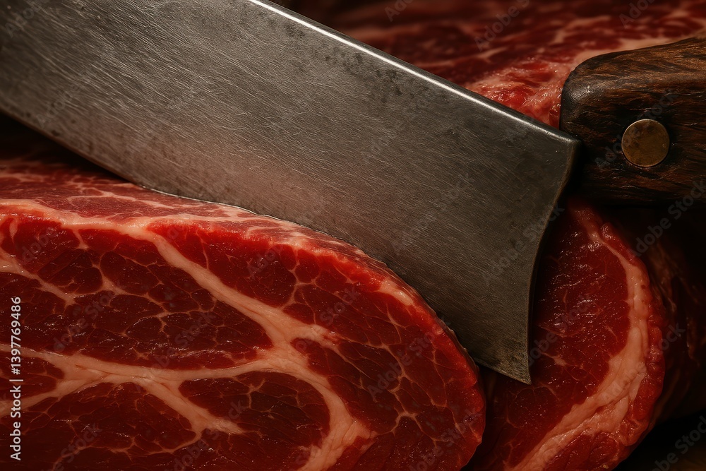 Poster close-up of a sharp knife slicing through fresh red meat