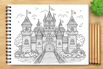 Black And White Castle Sketch On Wooden Tabletop