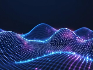 Blue grid background with glowing light lines, featuring an abstract futuristic wireframe landscape with dots and beams on a dark blue backdrop. Ideal for technology digital design