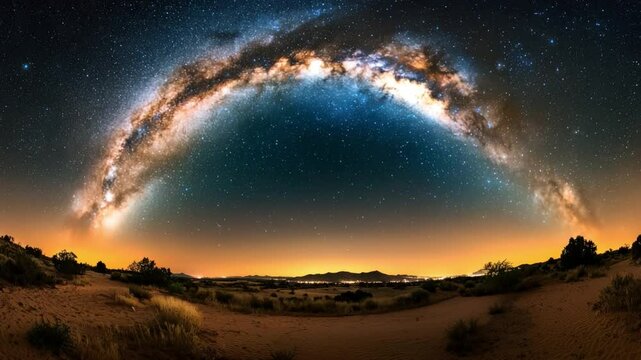 Mesmerizing Milky Way arches over tranquil desert dunes softly illuminated by moonlight, creating a serene nighttime landscape.