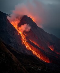a volcanic eruption with glowing lava flowing down the sides of the volcano