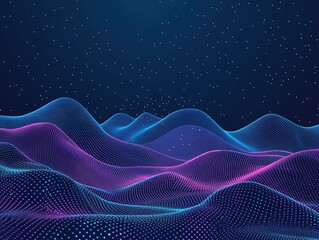 Blue grid background with glowing light lines, featuring an abstract futuristic wireframe landscape with dots and beams on a dark blue backdrop. Ideal for technology digital design