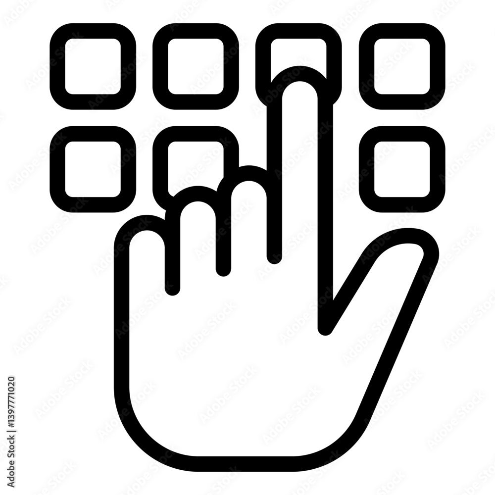 Poster Hand pointer with buttons line icon, hacker attacks concept. Vector graphics. Pin code button push and hand finger sign on white background, style mobile or design.